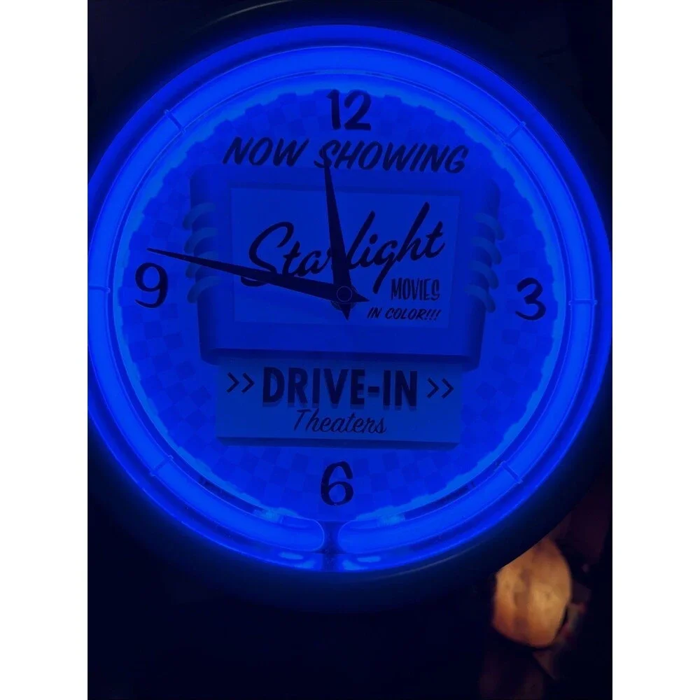 Ravina Clock Company  BLUE Twin Bell  Neon Clock Starlight Movies Drive In. GUC!